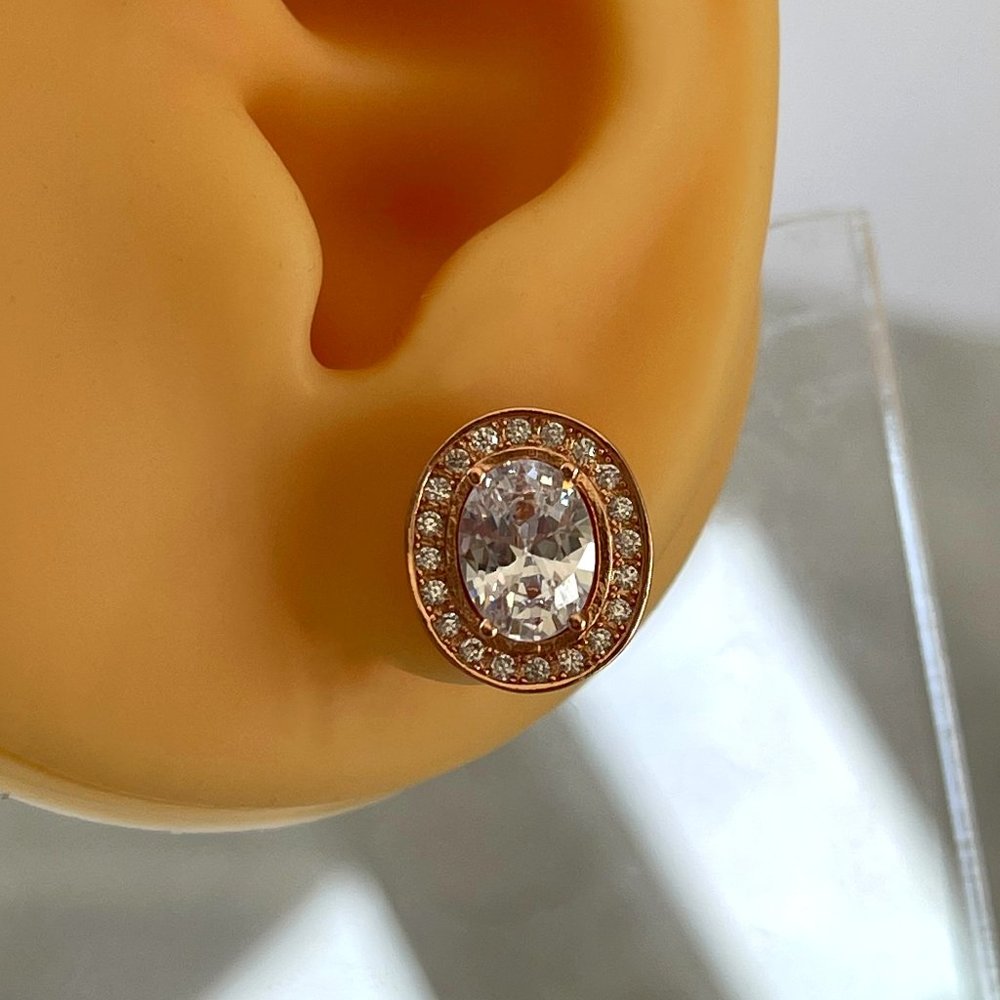Rose gold vermeil sterling silver 925 halo oval CZ stud earrings vintage studs
